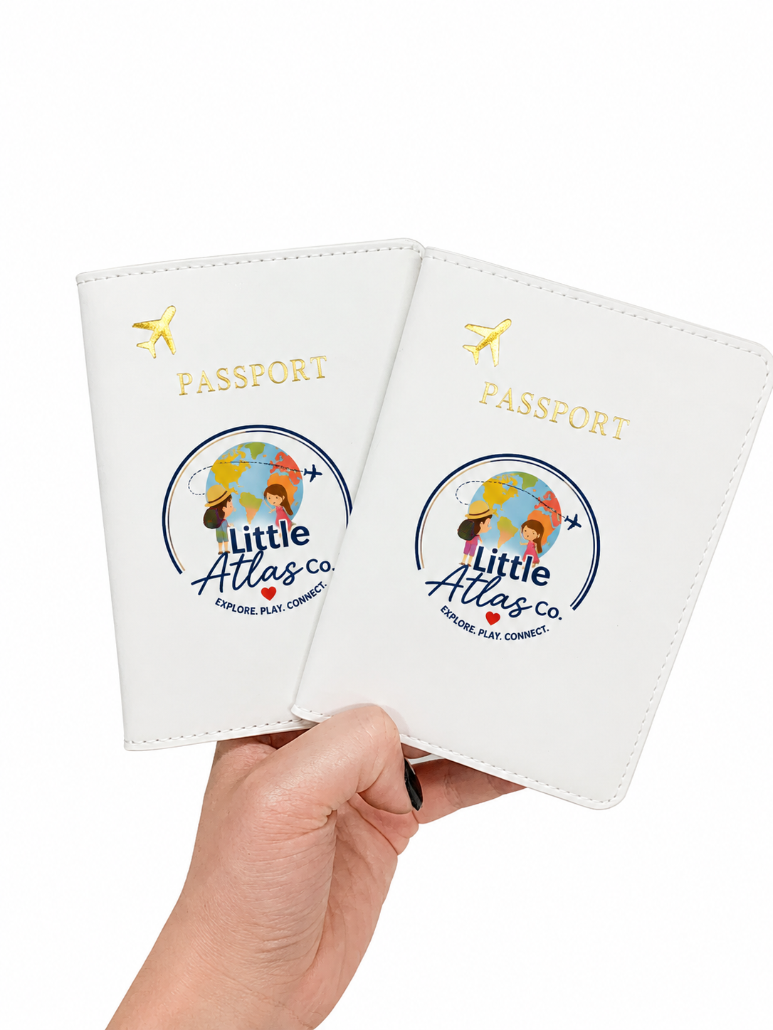 Little Atlas Co. Passport cover with four young explorers in front of a globe