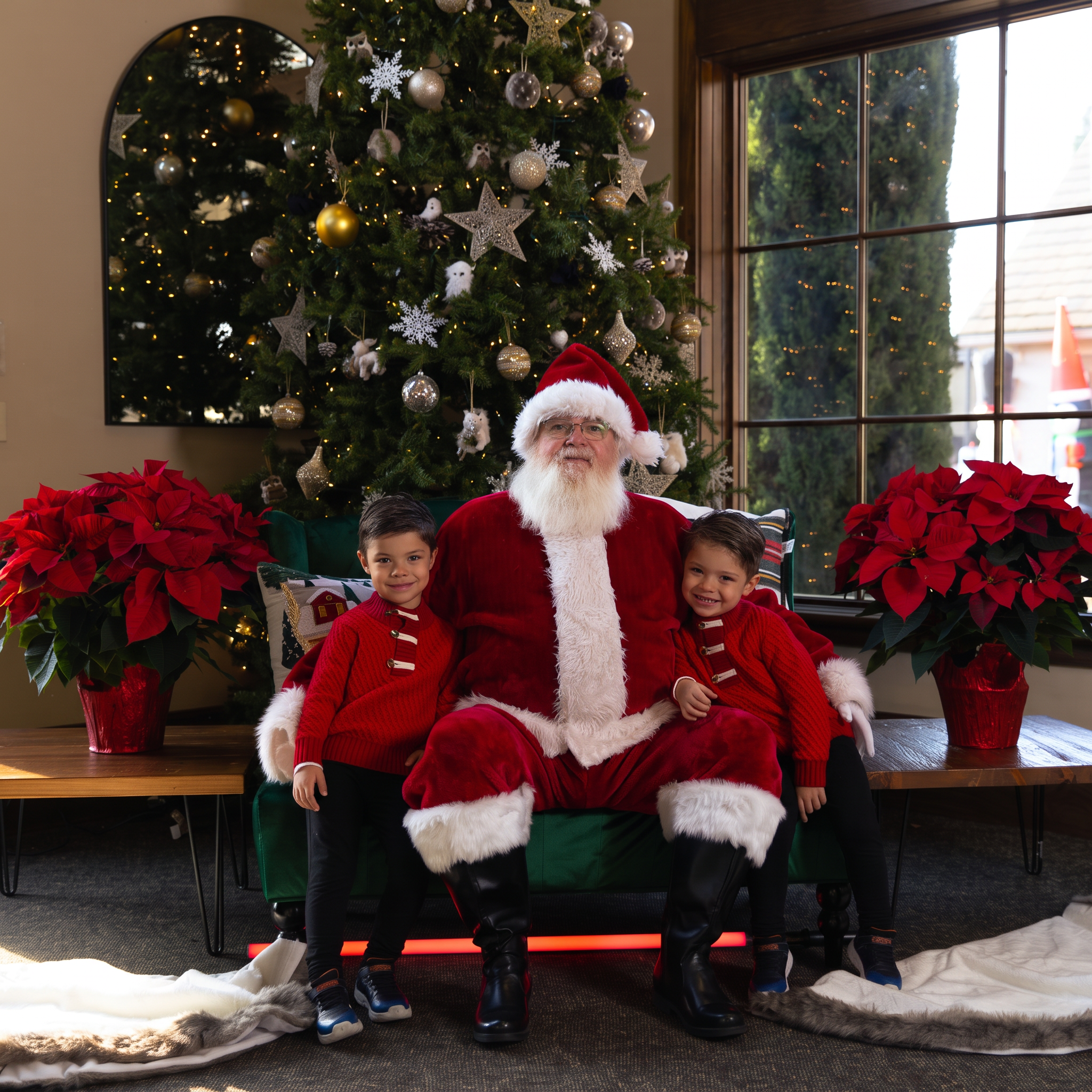 Santa sitting with two children in matching red sweaters in front of a decorated Christmas tree